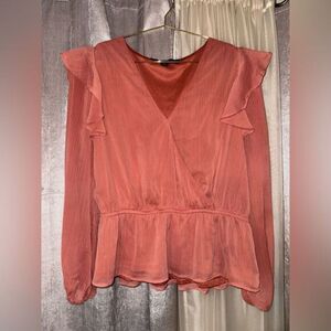 Marc New York Orange Peplum V Neck Blouse with Sheer Sleeves and Gathered Waist